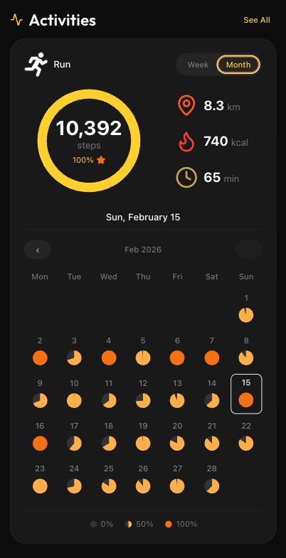 FitHuddle monthly activity overview with workout history and stats