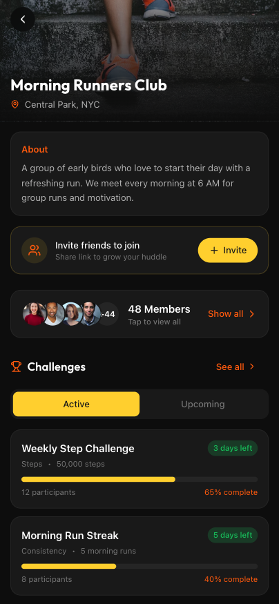 FitHuddle group detail showing members, shared activities, and group goals