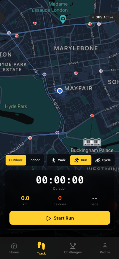FitHuddle real-time GPS activity tracking screen for walks, runs, and rides